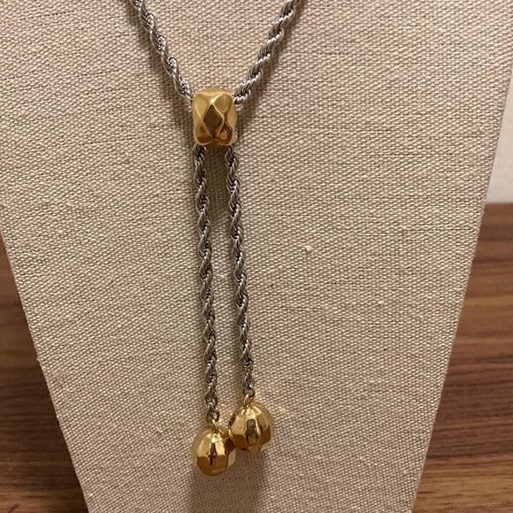 Slide Necklace Rhodium Plated with Gold tone Faceted Beads. - Picture 2 of 4